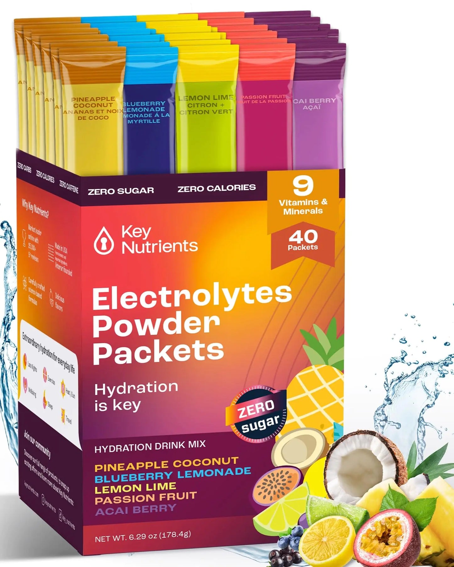 KEY NUTRIENTS Electrolytes Powder Packets No Sugar - 5 Delicious Flavors in Hydration Packets 40 Pack - Gluten Free Electrolytes Powder Packets